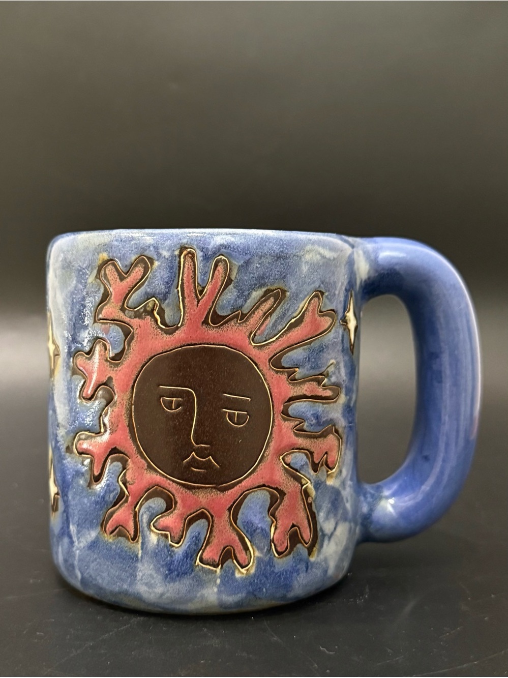 MARA Mexico Stoneware Celestial Sun & Moon Stars Large Blue Folk Art Pottery Mug